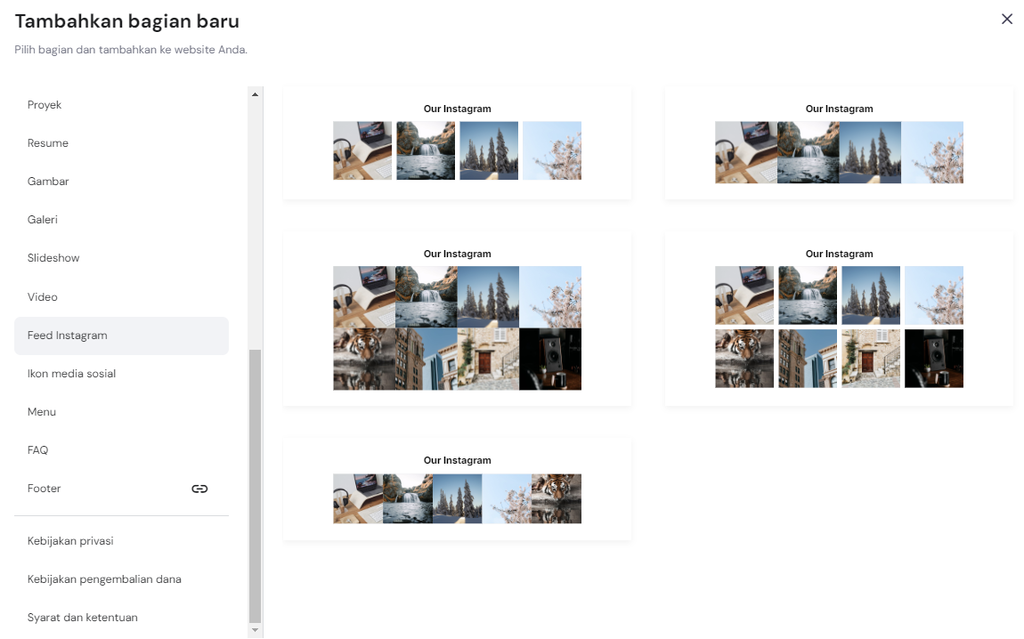 tampilan bagian feed instagram di hostinger website builder