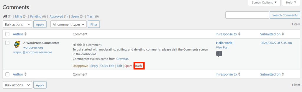 tampilan komentar wordpress dengan tombol tong sampah yang dipilih untuk menghapus komentar
