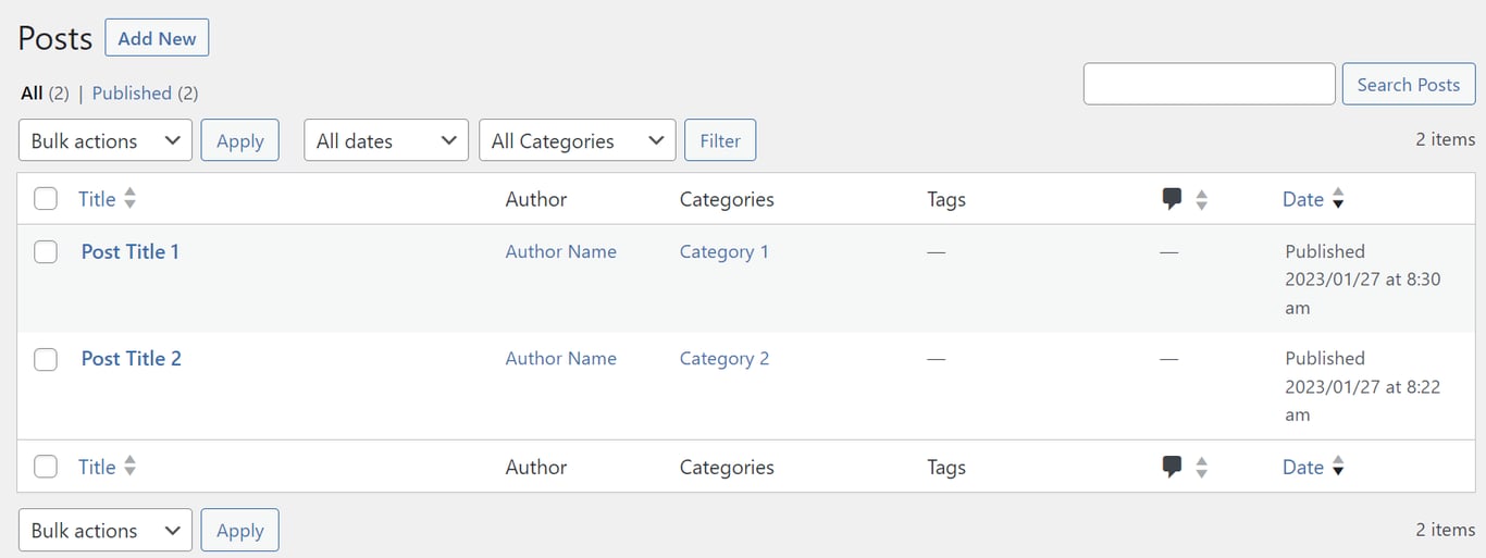 tampilan bagian postingan di WordPress menunjukkan daftar postingan yang telah diterbitkan