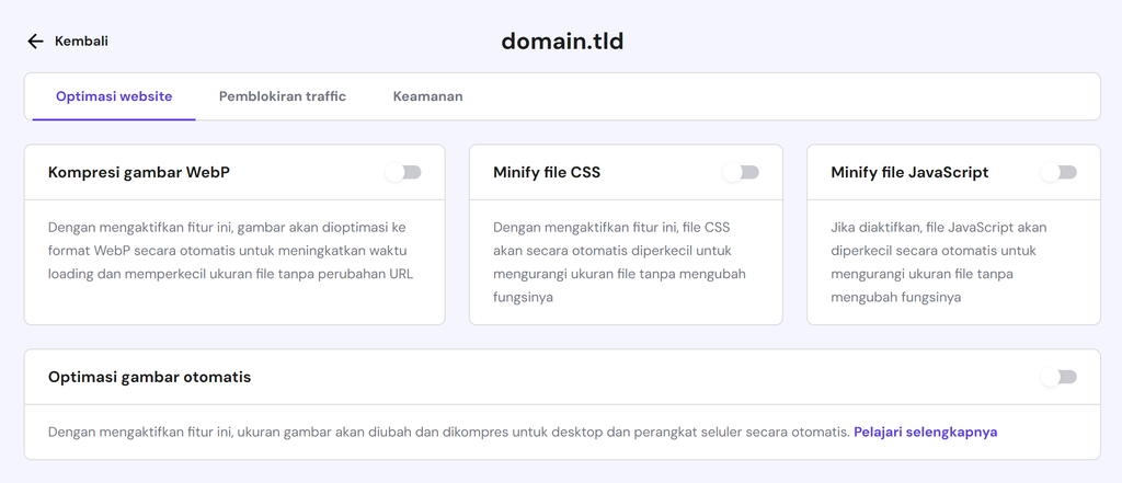 tampilan menu cdn lainnya di hpanel untuk kompresi gambar dan minify kode