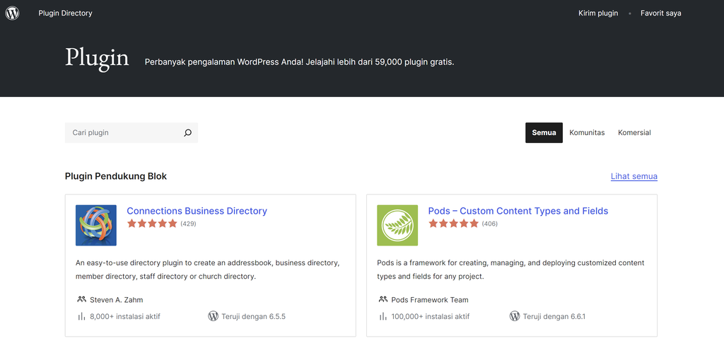 tampilan halaman plugin di website wordpress.org
