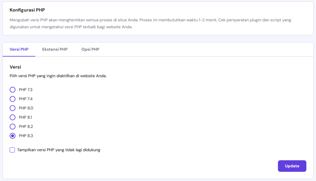 tampilan bagian konfigurasi php di hpanel untuk mengupdate versi php website