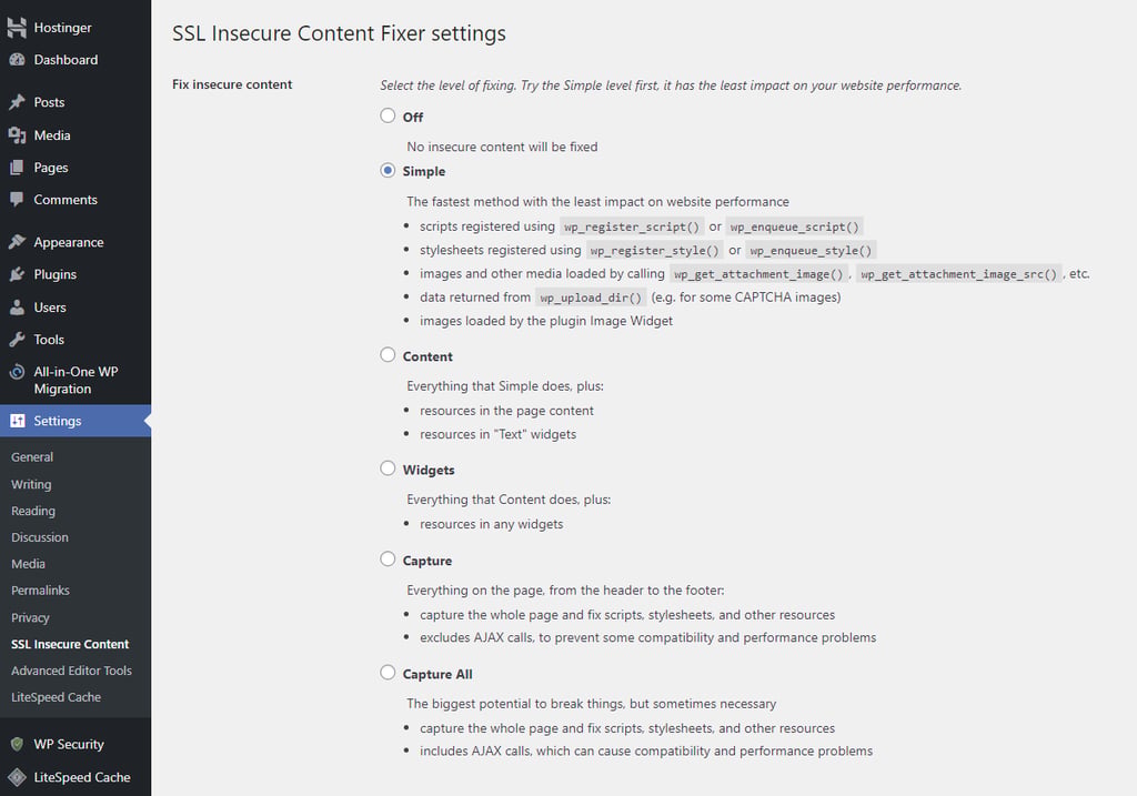 tampilan halaman konfigurasi plugin ssl insecure content fixer
