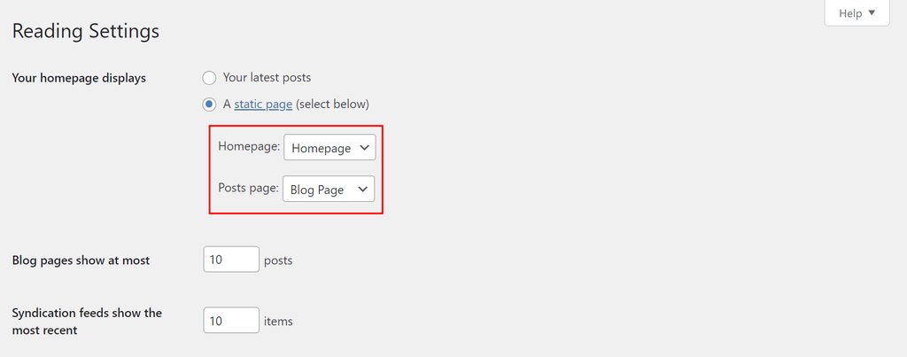 tampilan bagian pengaturan reading di WordPress dengan menu drop-down homepage dan halama postingan yang dipilih