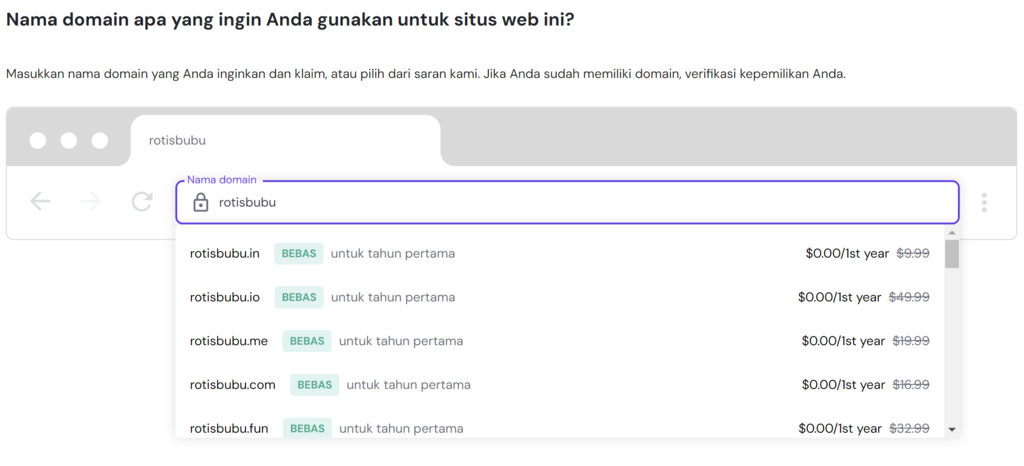 tampilan hpanel menunjukkan pilihan domain