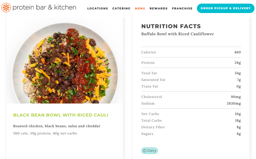 tampilan halaman informasi nilai gizi di website protein bar & kitchen