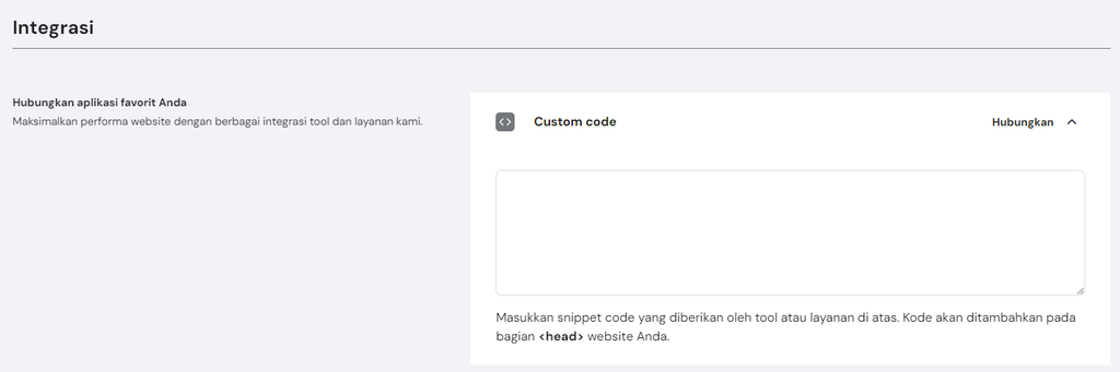 tampilan bagian integrasi di hostiner website builder