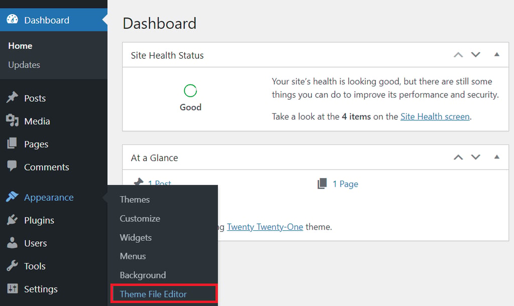 tampilan dashboard wordpress dengan theme file editor yang dipilih di sidebar