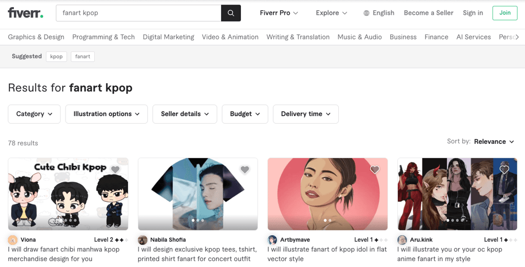 tampilan fiverr menunjukkan contoh fanart kpop