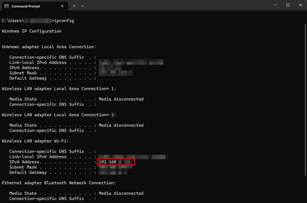 tampilan command prompt menunjukkan hasil ipconfig