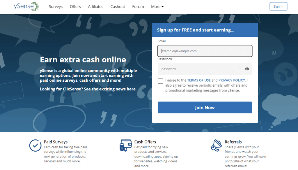 tampilan homepage website survei ysense