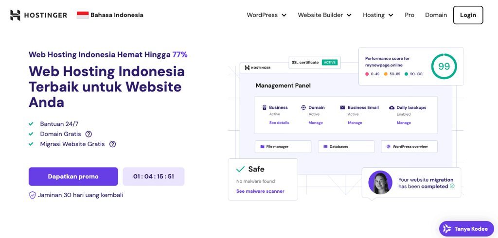 tampilan landing page hostinger web hosting terbaik