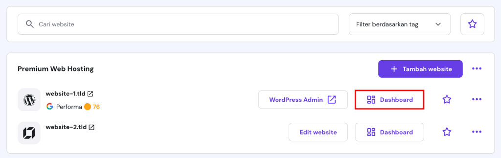 tampilan menu website di hpanel dengan tombol dashboard yang dipilih
