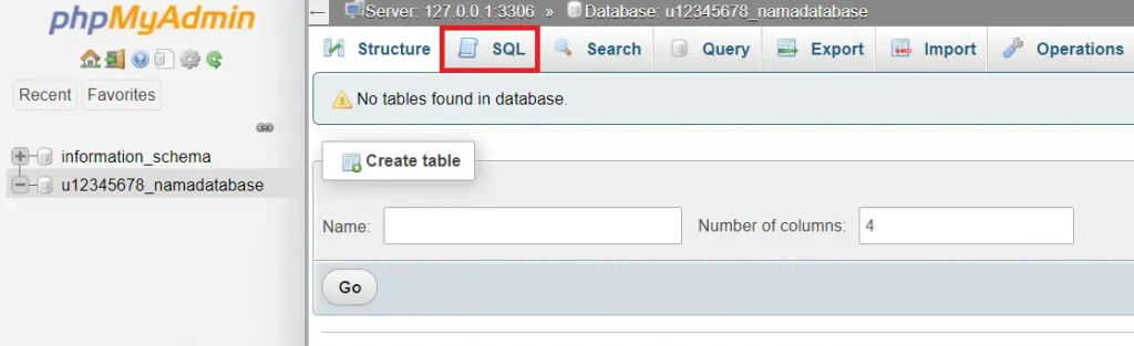 Tampilan phpMyAdmin dengan tab SQL yang dipilih
