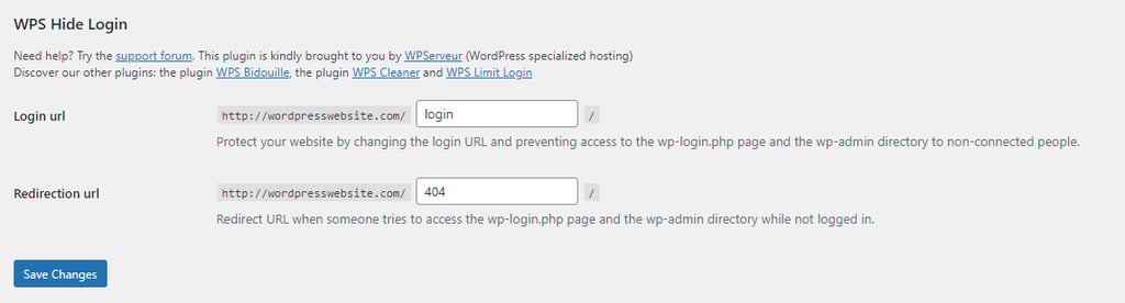 tampilan bagian pengaturan plugin wps hide login