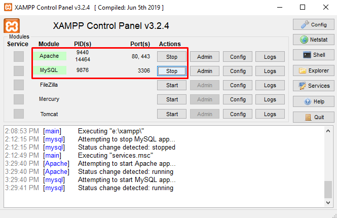 tampilan proses memulai apache dan mysql xampp