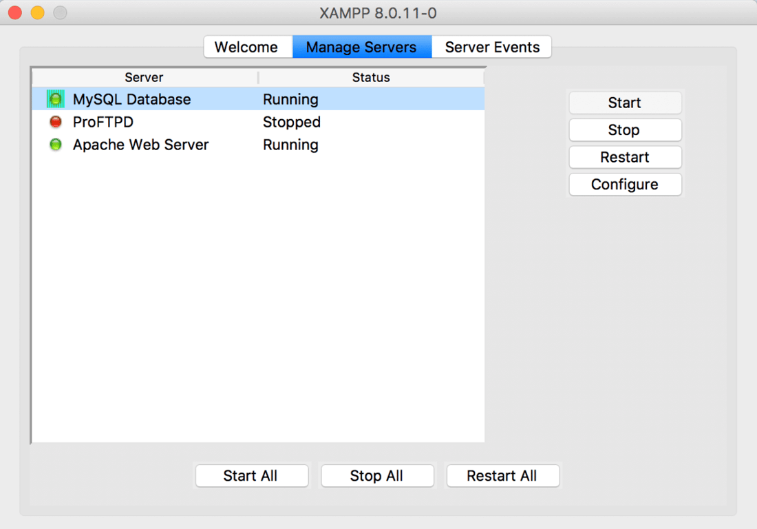 tampilan memulai apache dan mysql di xampp macos