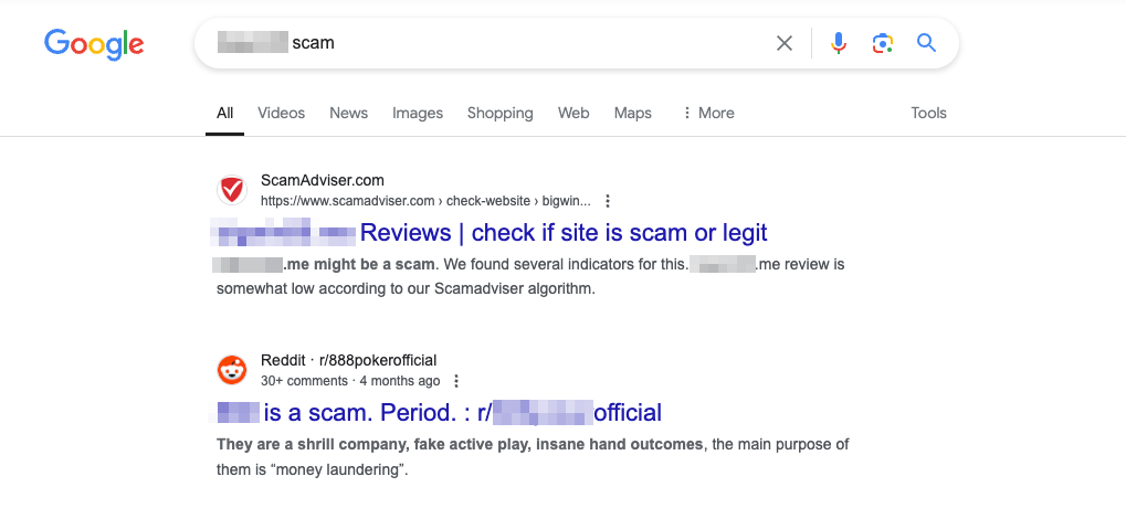 tampilan contoh mengecek situs penipuan di google dengan kata kunci scam