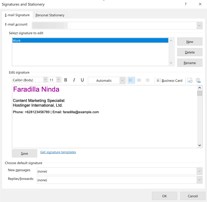 tampilan contoh tanda tangan email di outlook