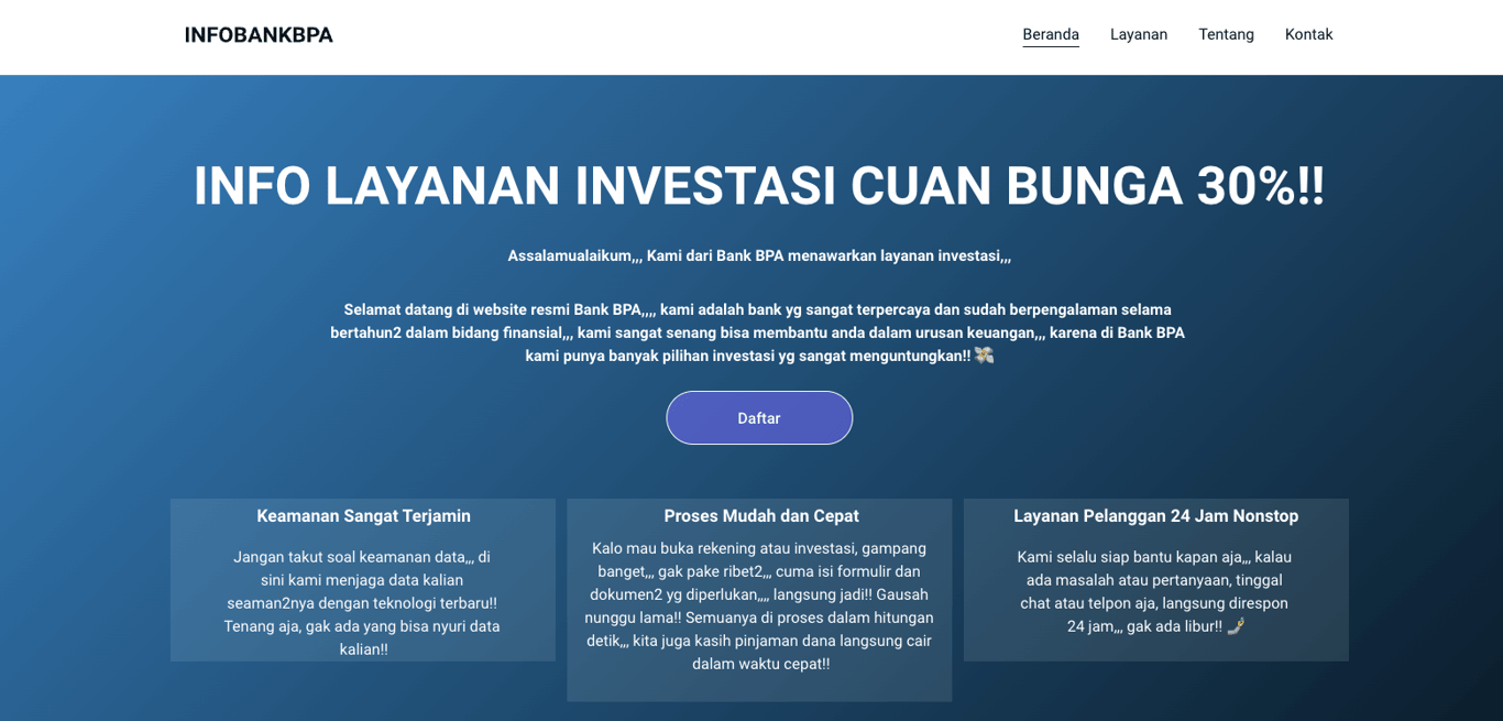 tampilan contoh desain website buruk menunjukkan website penipu