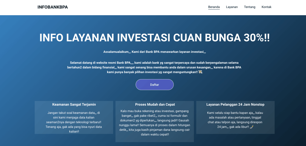 tampilan contoh desain website buruk menunjukkan website penipu