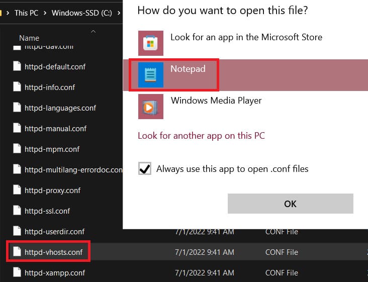 tampilan proses membuka file httpd-vhosts.conf di notepad