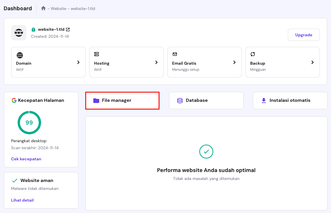 tampilan menu file manager hostinger di halaman dashboard hpanel