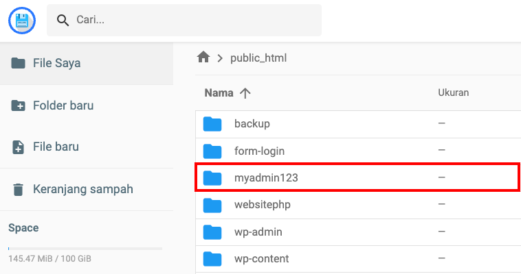 tampilan folder penginstalan phpmyadmin di hosting
