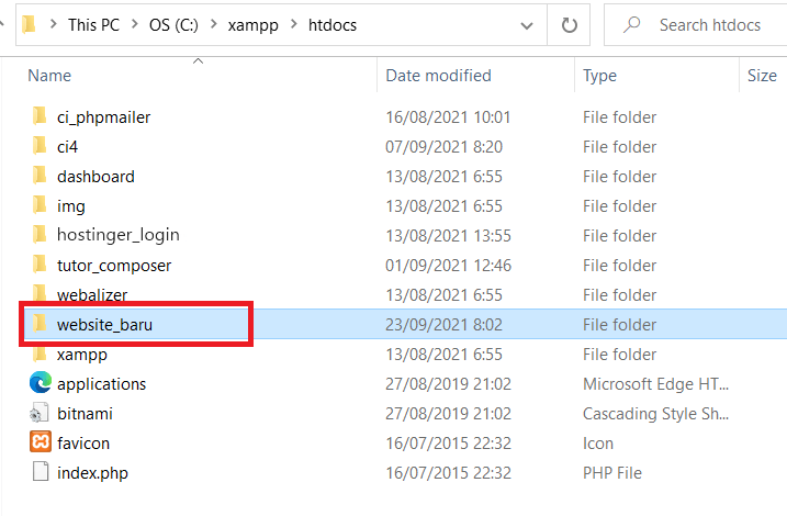 tampilan folder project website di direktori xampp