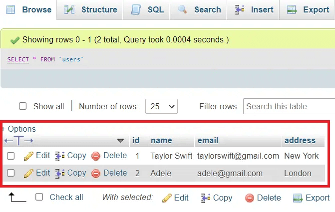 tampilan hasil tabel di phpmyadmin