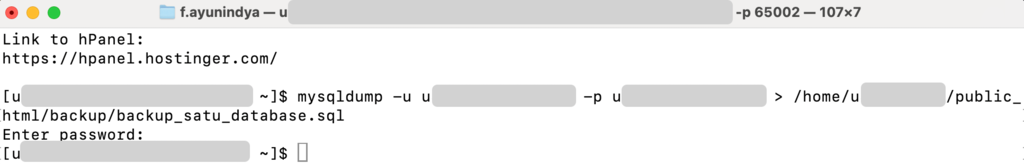 tampilan contoh hasil terminal saat mengeksekusi mysqldump
