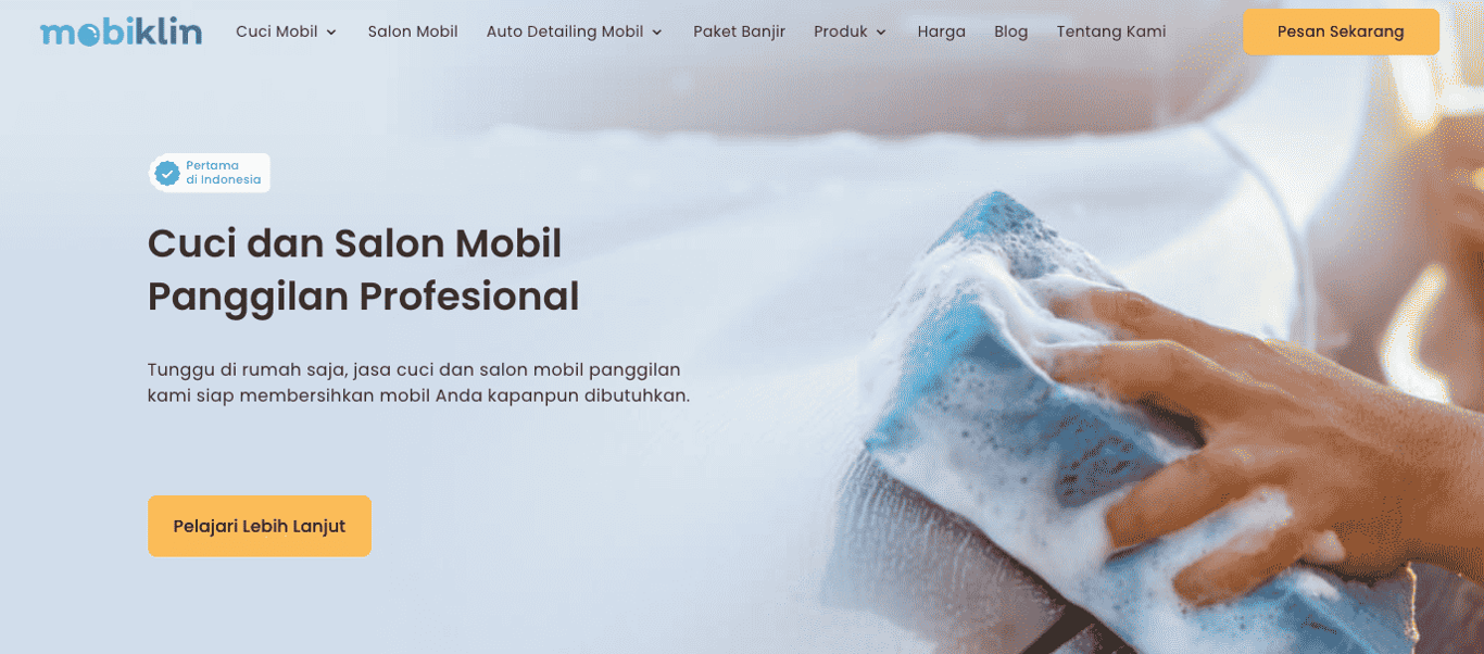 tampilan website mobiklin jasa cuci kendaraan panggilan