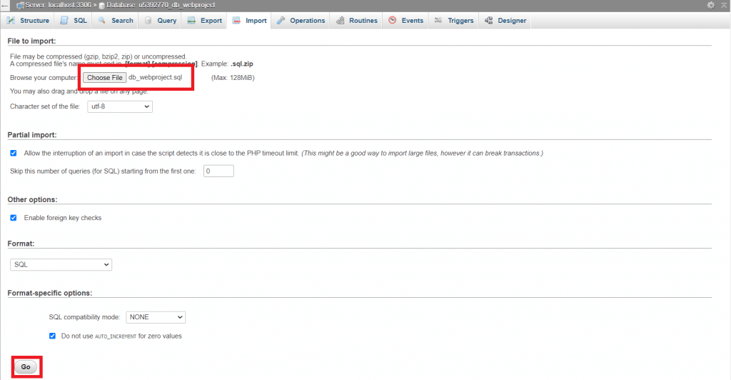 tampilan phpmyadmin menunjukkan proses impor database