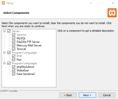 tampilan proses penginstalan xampp untuk memilih komponen