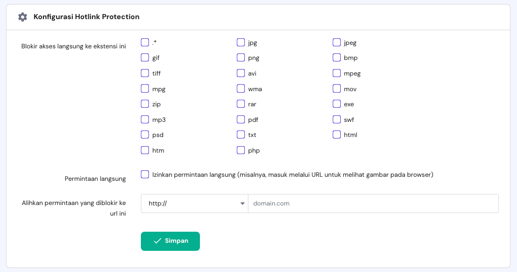 tampilan bagian konfigurasi fitur hotlink protection hpanel