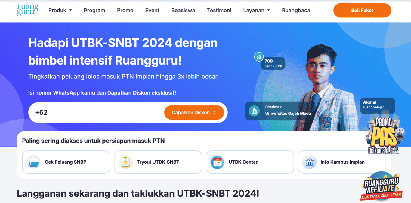 tampilan halaman promosi program UTBK ruangguru sebagai contoh landing page