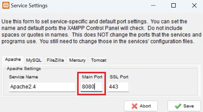 tampilan opsi konfigurasi port apache dengan kolom port yang dipilih