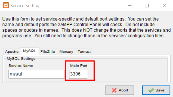 tampilan xampp dengan bagian main port yang disorot