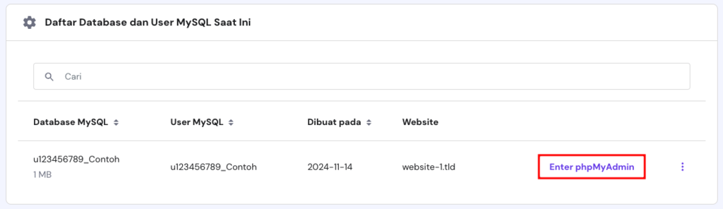 tampilan menu database hpanel dengan opsi masuk phpmyadmin yang dipilih