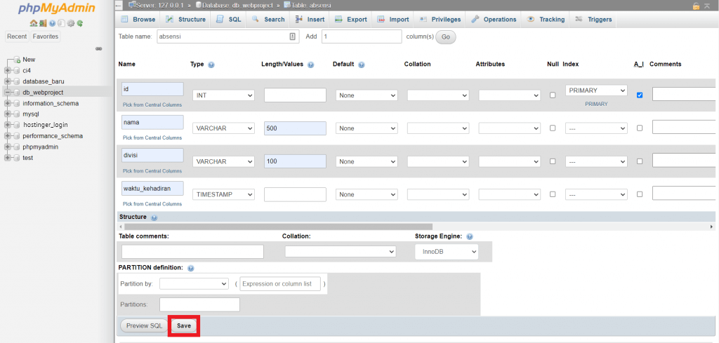 tampilan bagian untuk memasukkan atribut tabel di phpmyadmin