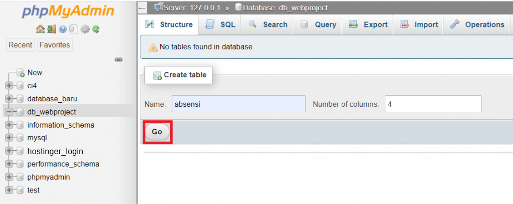 tampilan phpmyadmin menunjukkan proses membuat tabel database baru