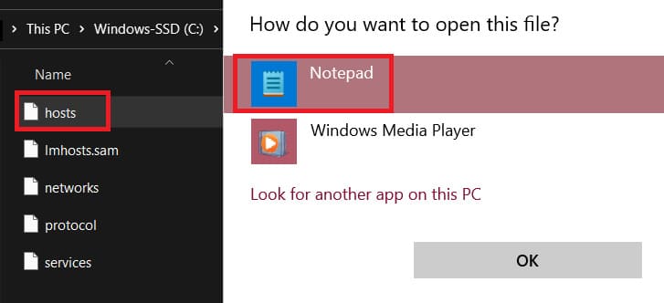 tampilan membuka file hosts menggunakan notepad di windows