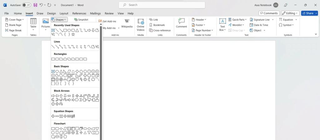 tampilan menu shape di microsoft word untuk memilih bentuk
