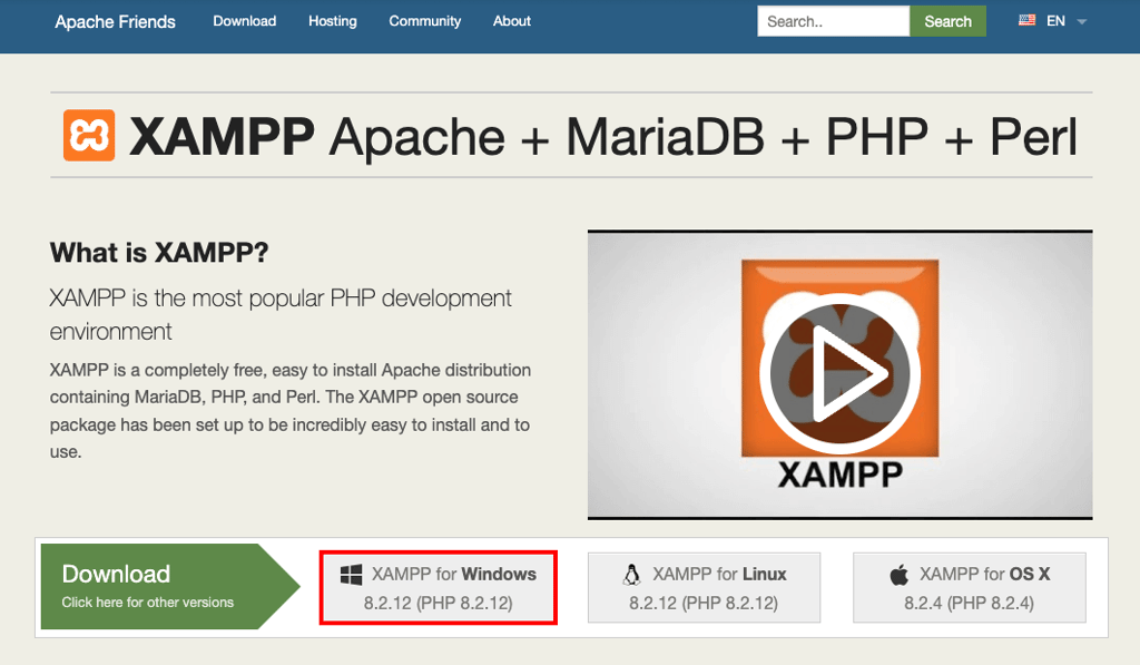 tampilan halaman download xampp dengan opsi windows yang dipilih