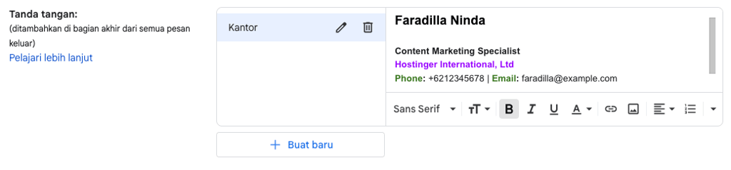 tampilan proses mengisi signature di gmail
