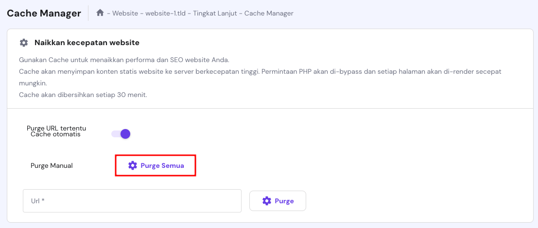 tampilan menu cache hpanel dengan opsi purge semua yang dipilih