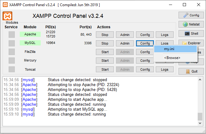 tampilan xampp menunjukkan file my.ini