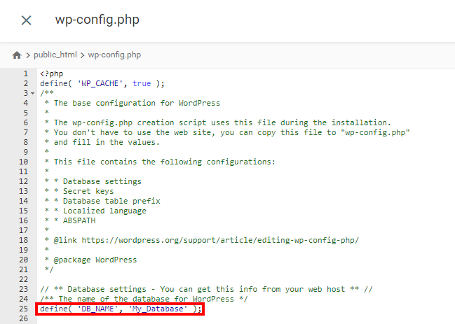 tampilan isi file wp-config.php dengan nama database yang disorot