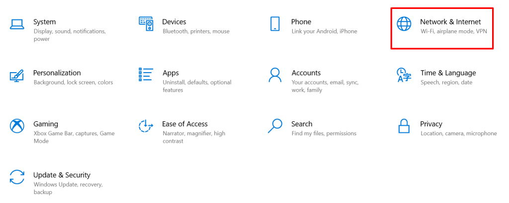 tampilan menu settings windows dengan opsi network and internet yang dipilih