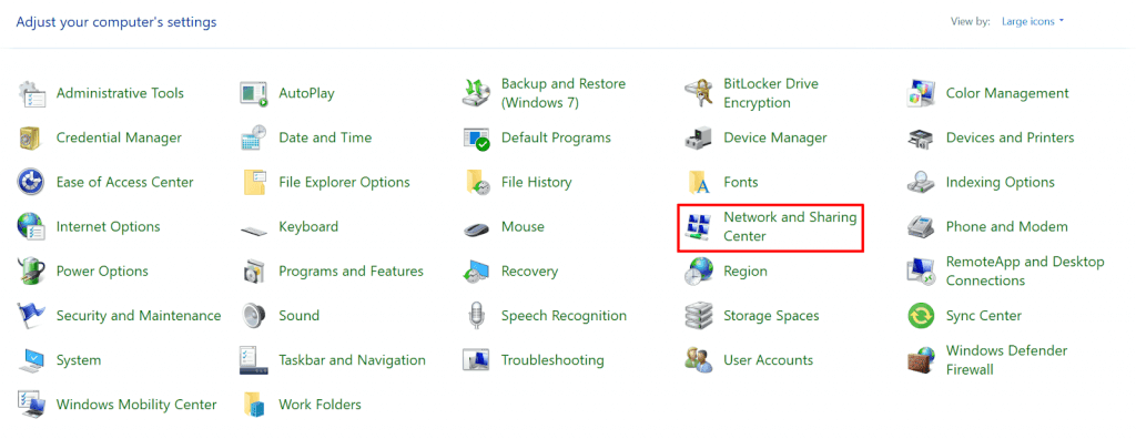 tampilan menu control panel windows dengan opsi network and sharing center yang dipilih
